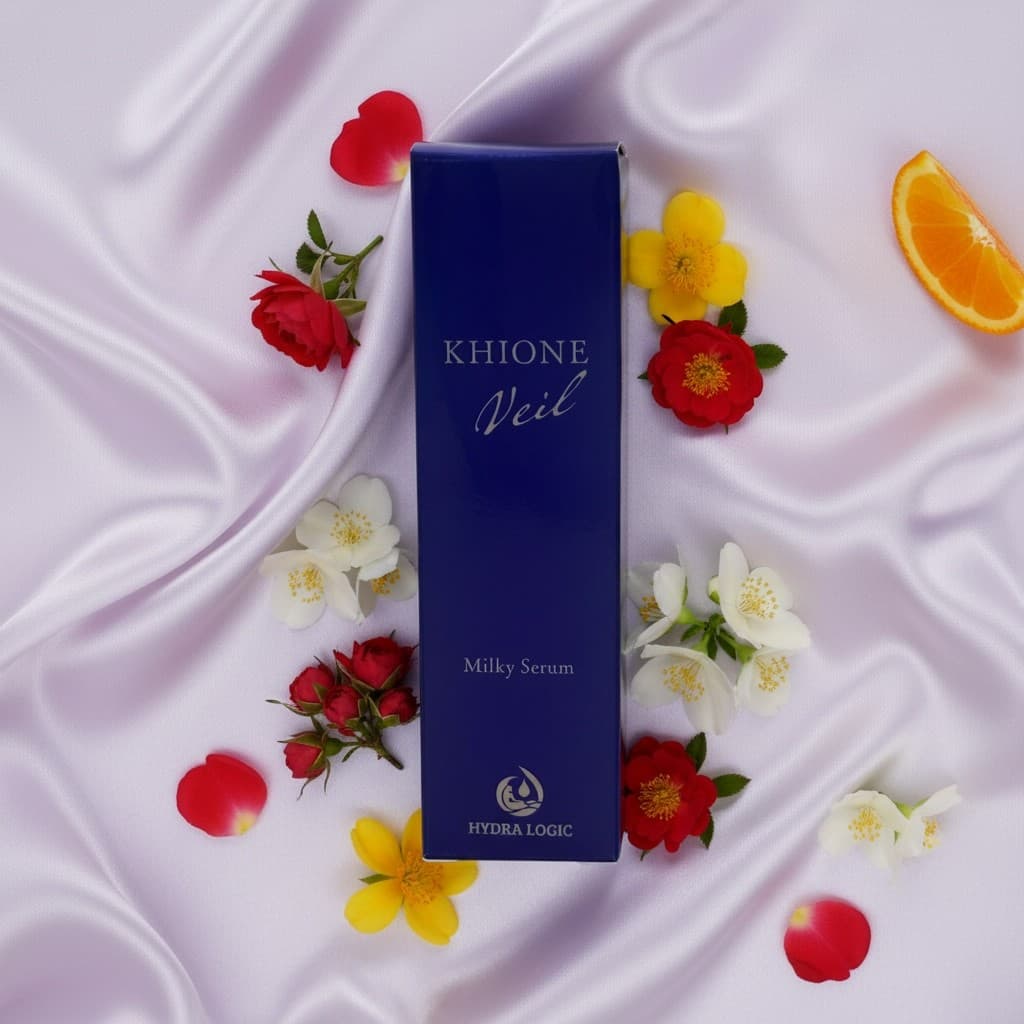 KHIONE Veil ミルク美容液の紺色パッケージ箱。ラベンダー色の布地に花とシトラスをあしらった商品イメージ