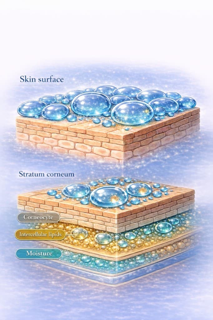 肌表面と角層における水分のイメージ図。コルノサイト、角層脂質、水分の関係を示した図解です。